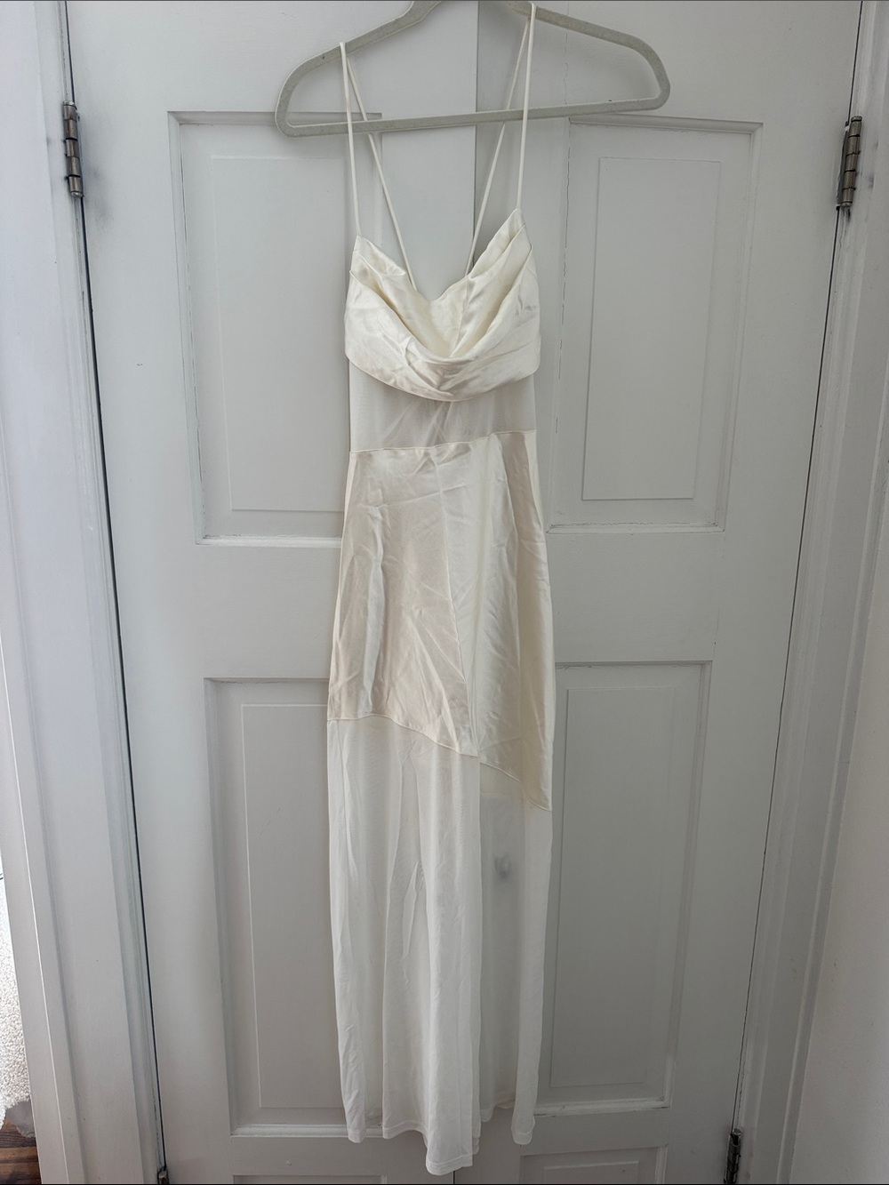 Sheer Ivory Cowl-Neck Maxi Dress with Spaghetti Straps